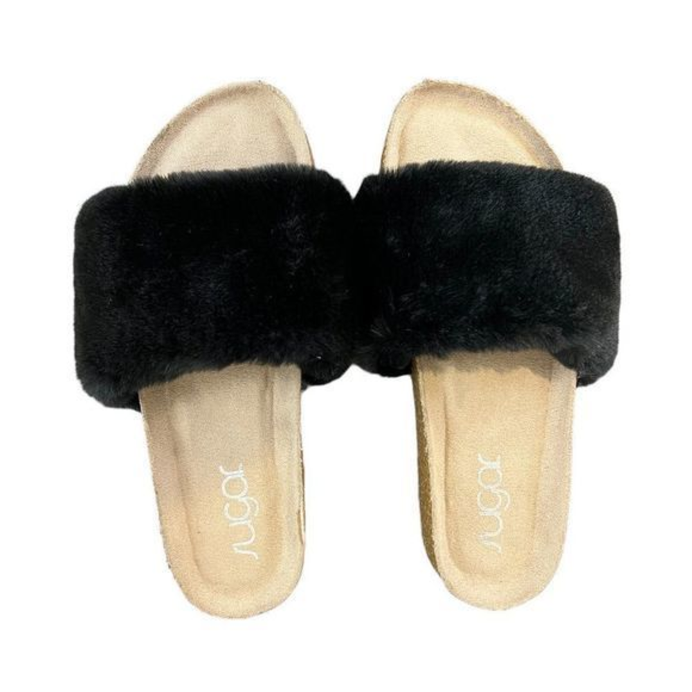 NWOT SUGAR Black Faux Fur Slip On Sandals (6)